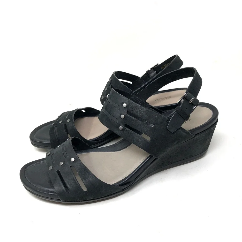 ECCO Womens Sandals 40 Wedge‎ Touch 45 Black Leather Studded Open Toe Heel